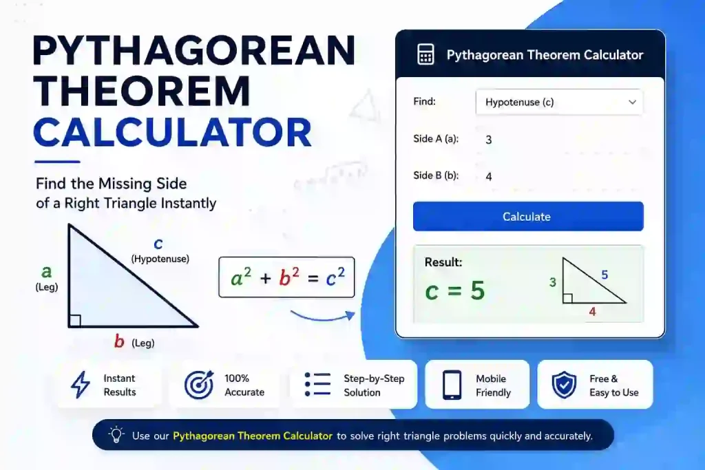 Pythagorean Theorem Calculator for finding the missing side of a right triangle